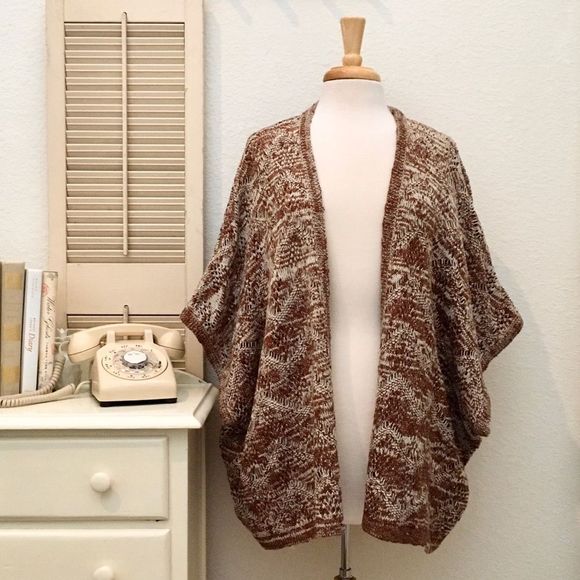 B & G Brand Variegated Brown & Cream Batwing Knit Open Front Sweater, Me… - Picture 2 of 8